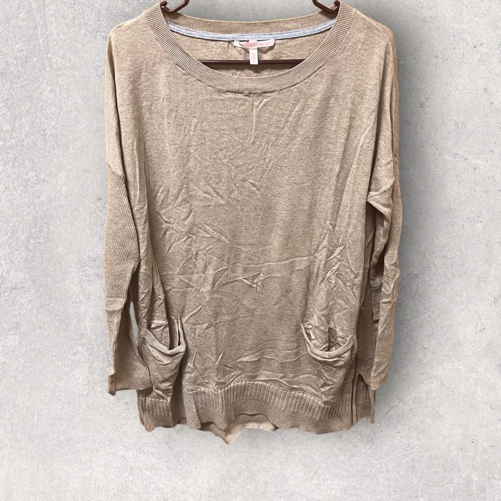 Victoria's Secret, Lightweight Sweater with Pockets, Cream/Tan, Size Small